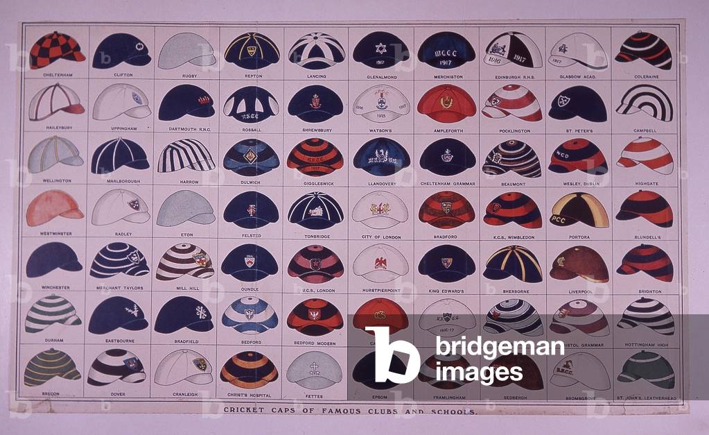 Cricket caps of famous clubs and schools, c.1918 (colour litho)