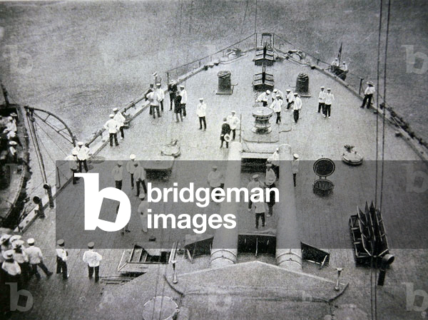 The fore-deck of the 'Mikasa', Japan's largest warship and flagship of Admiral Togo (b/w photo)