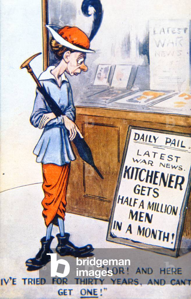 Kitchener's volunteer army, British WWI postcard, 1914-18 (colour litho)