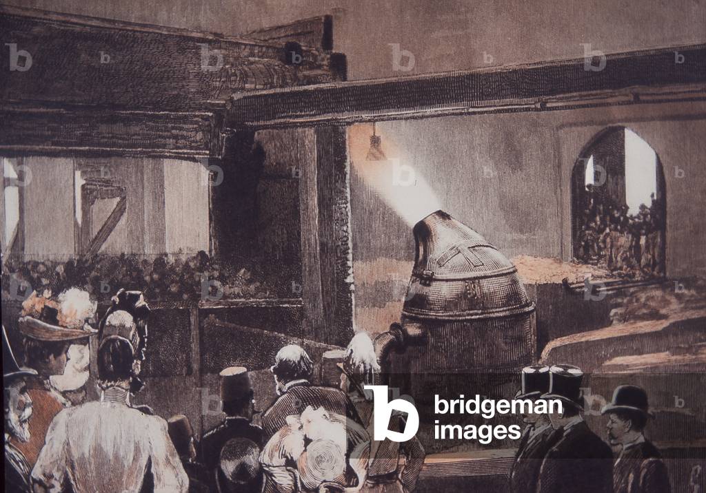 Visitors watching Bessemer Steel Process at John Brown and Co foundry, 1889 (hand-coloured engraving)