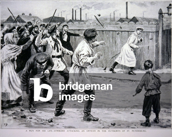 Strikers attacking an officer in the outskirts of St. Petersburg in 1905 (litho)