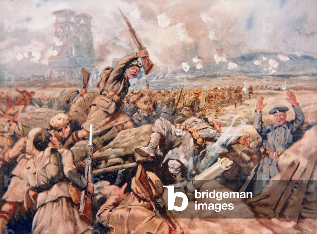 Charge of the Scottish regiments at Loos, 1915 (colour litho)