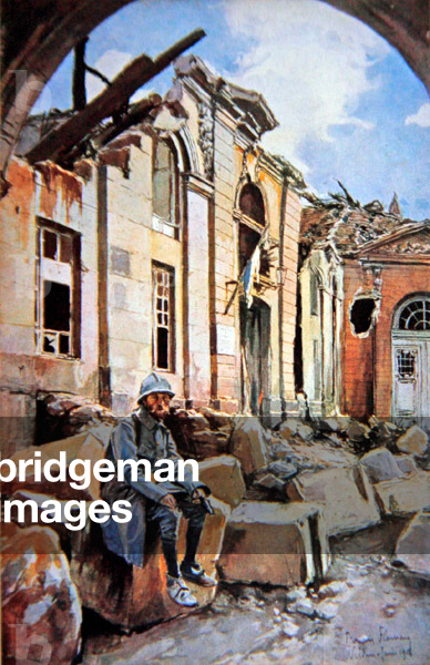 Battle of Verdun: Courtyard of ruined Bishop's Palace, 1916 (colour litho)