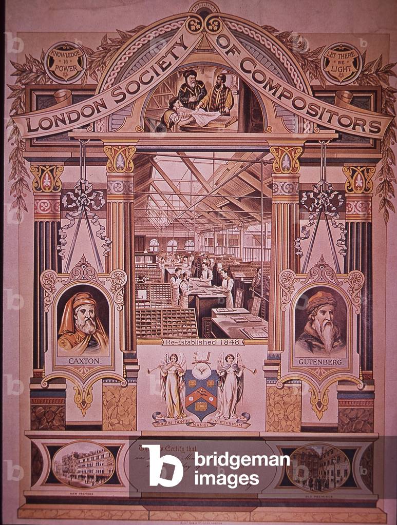 London Society of Print Compositors, membership certificate, c.1880 (colour litho)