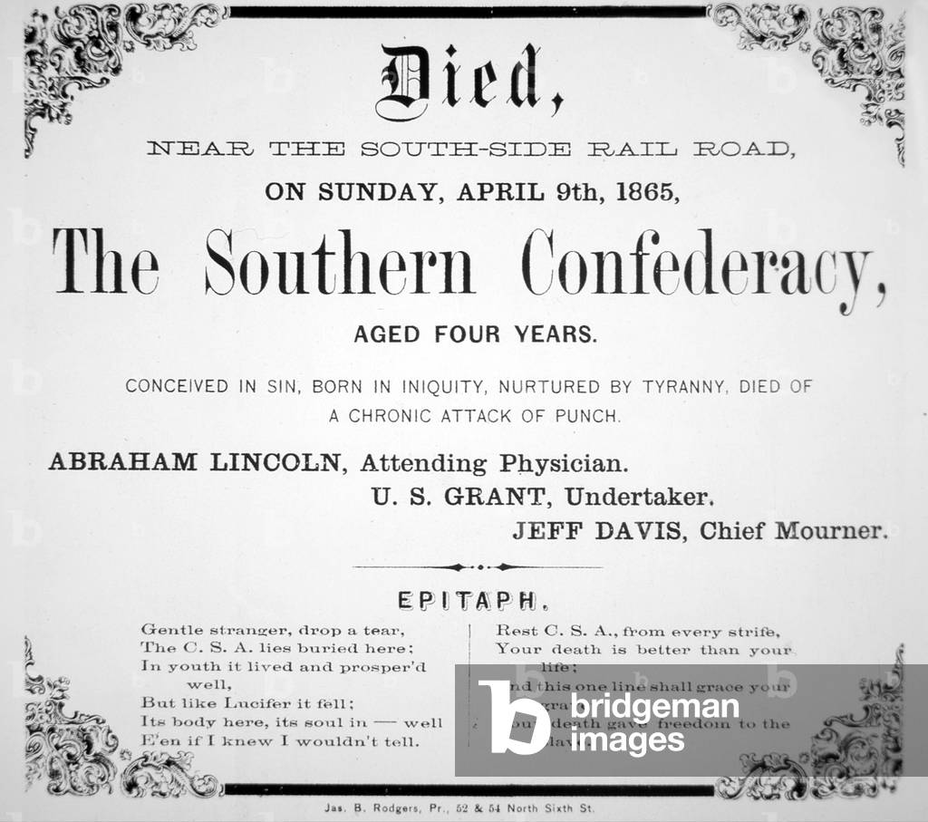 Satirical mourning card published to celebrate the Union victory in the American Civil War (litho)