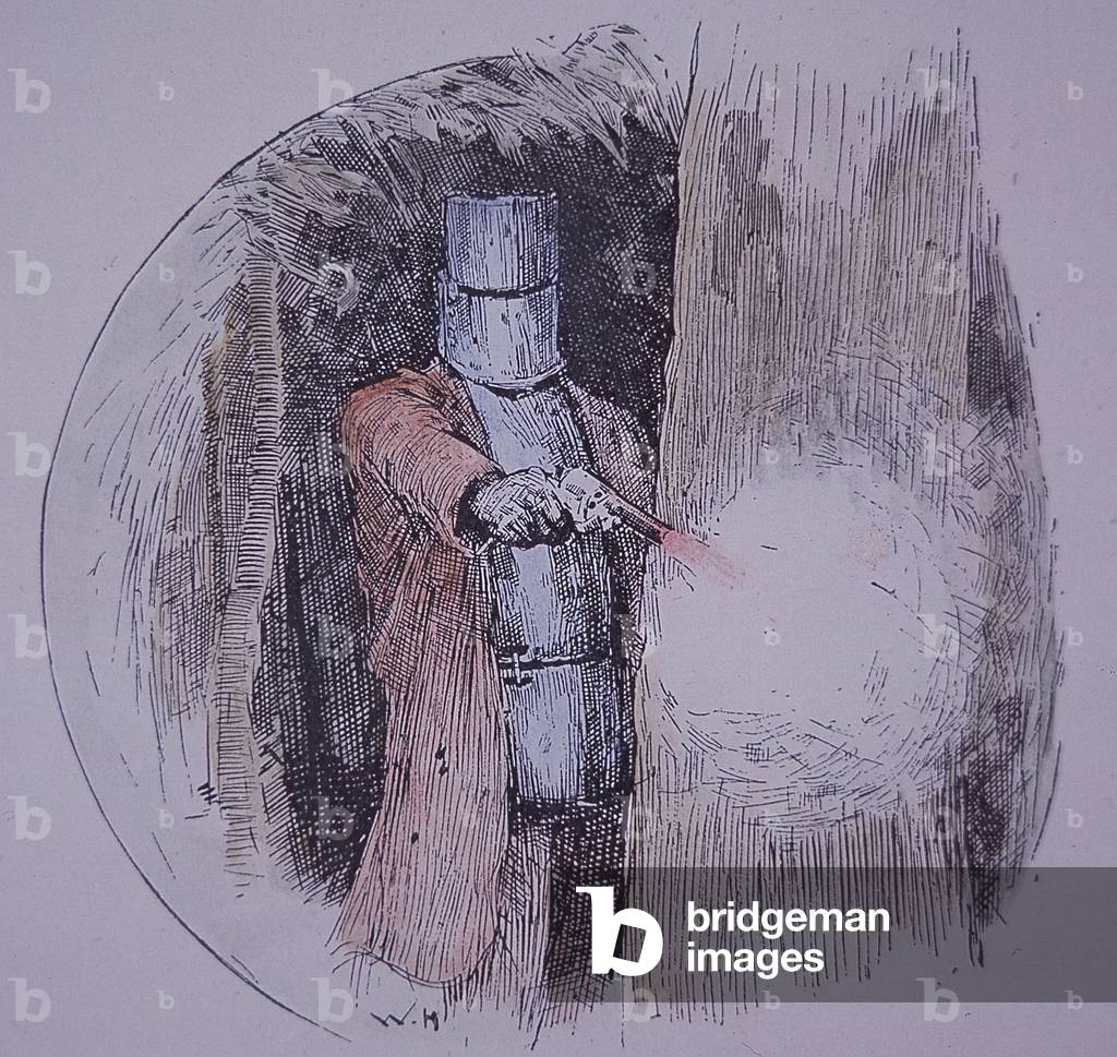 Ned Kelly wearing his homemade armour, in confrontation with police (hand-coloured engraving)