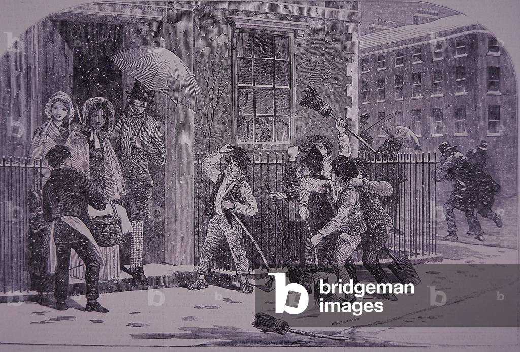 Poor boy snow sweepers (wood engraving)
