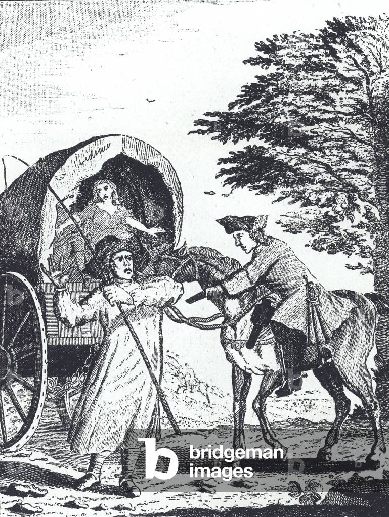 Highwayman John Cottington robs an army pay wagon on Shotover Hill (engraving)