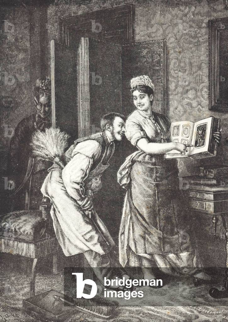 Maid taking liberties and overheard by mistress of house (litho)