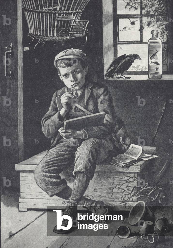 Schoolboy puzzling over work, 1895 (engraving)
