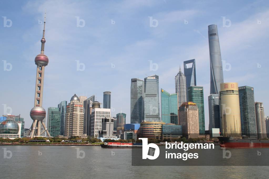 View of Pudong financial district, featuring skyscrapers, including on right, Shanghai Tower, Shanghai, China (photo)