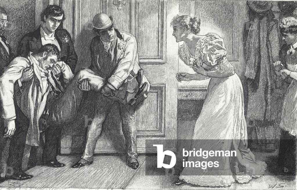 Drunk husband brought home (engraving)