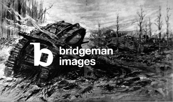 First tank vs. tank in action: British tank engages German tank at Villers-Bretonneaux, 24th April 1918, drawing published in The Illustrated London News, 1st June 1918 (litho)