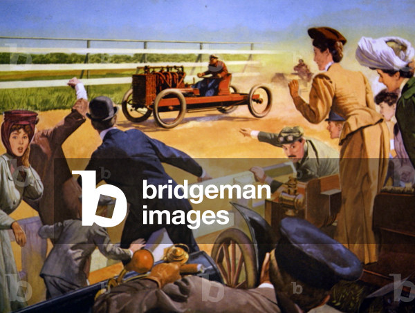 Barney Oldfield winning at Grosse Point, Michigan, in 1902 driving the Ford 999 (colour litho)