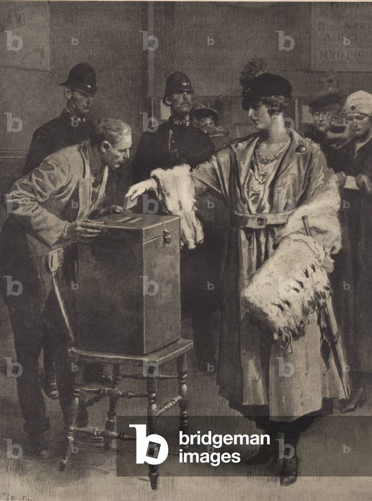 Woman votes for first time in general election of 1918 (litho)