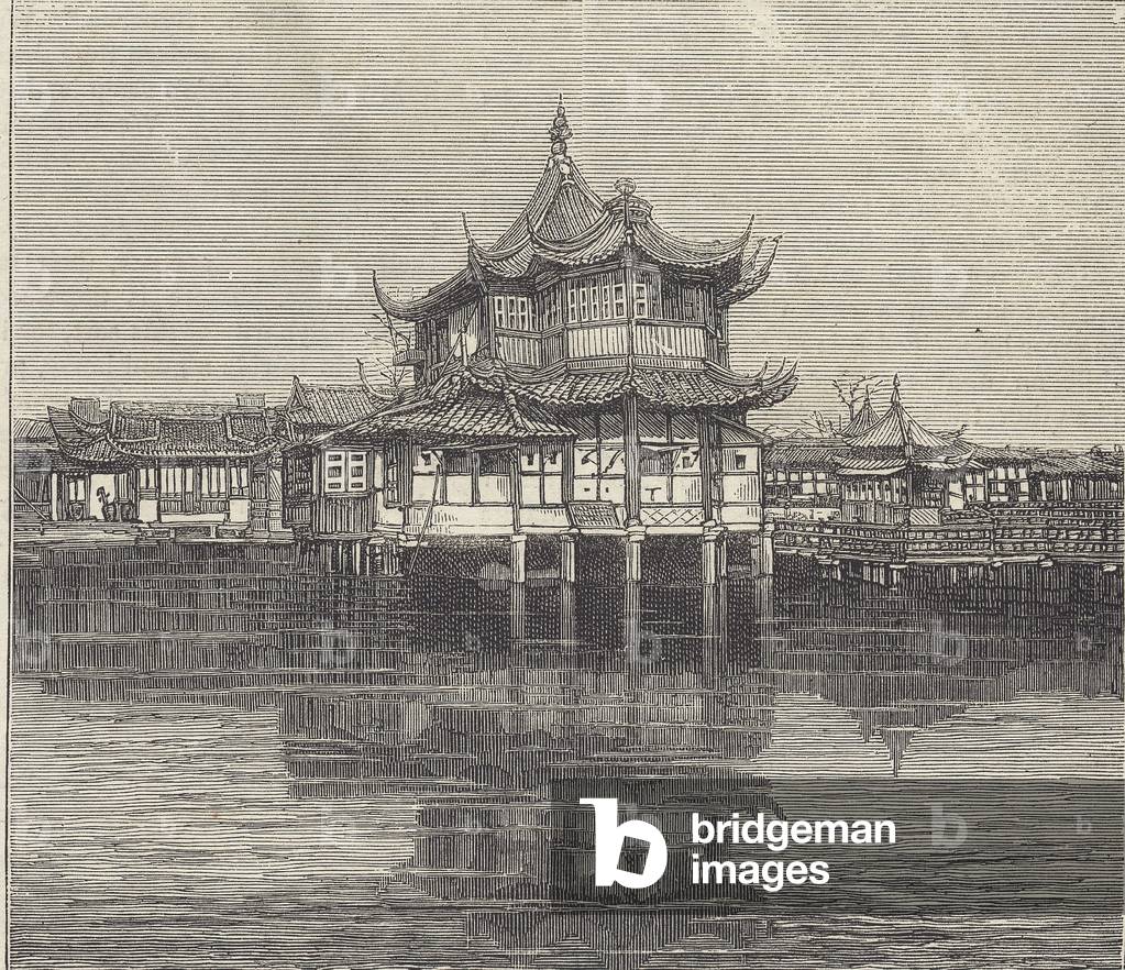 Tea-drinking house, Shanghai, China (b/w photo)