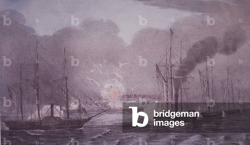 Mexican-American War (1846-48), US navy bombard Veracruz, 1847 (colour litho)