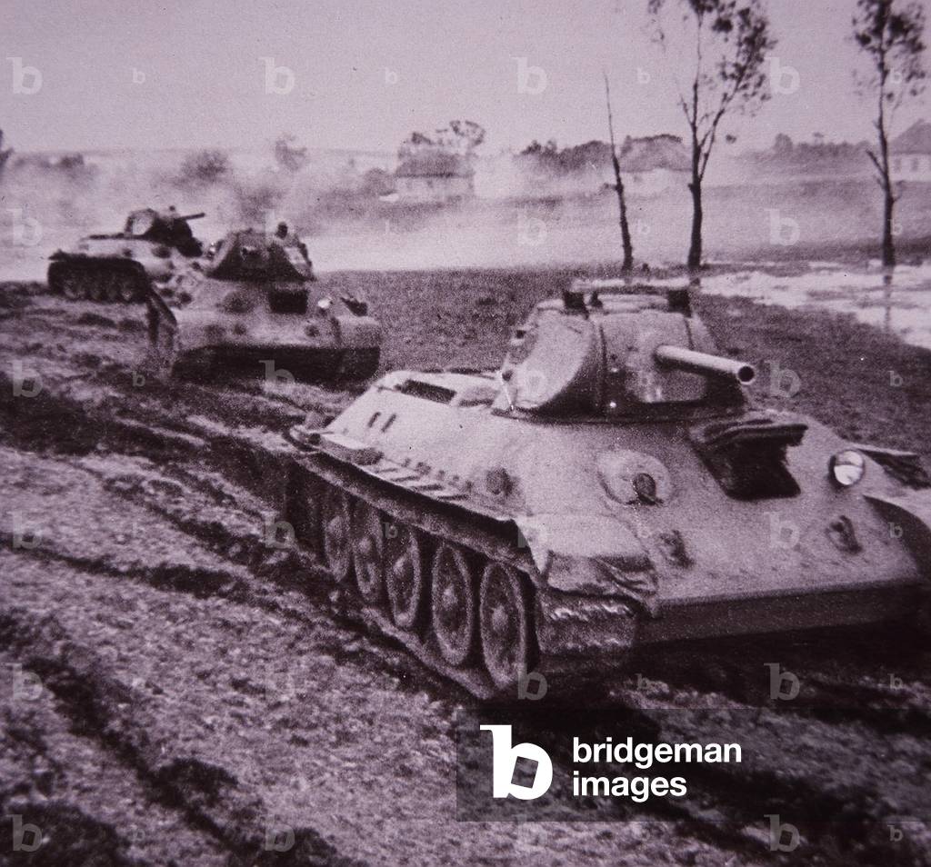 Soviet T34 tanks in action during Battle of Kursk, 1943 (b/w photo)