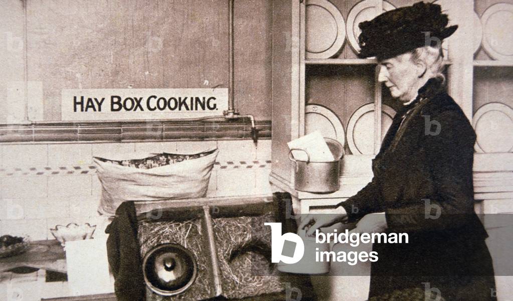 WWI British Home Front: economy cooking with a Hay Box (b/w photo)