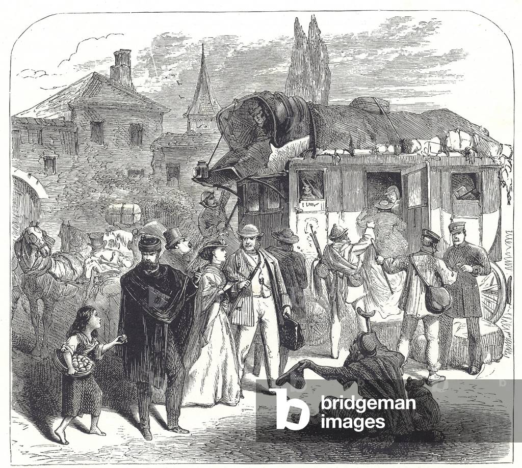 English tourists arrive in the Alps, late 19th century (engraving)