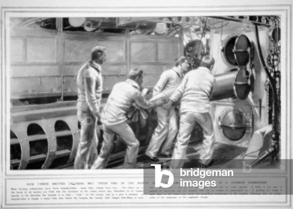 Charging a torpedo tube in a German submarine, from The Illustrated War News, 30th September 1914 (litho)