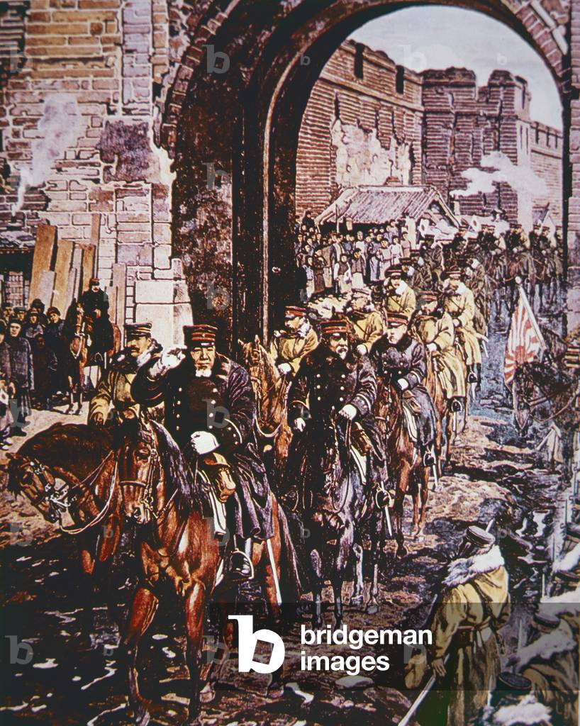 Victorious Japanese enter the captured city of Mukden, Manchuria on 15th March, 1905 during the Russo-Japanese War (colour litho)