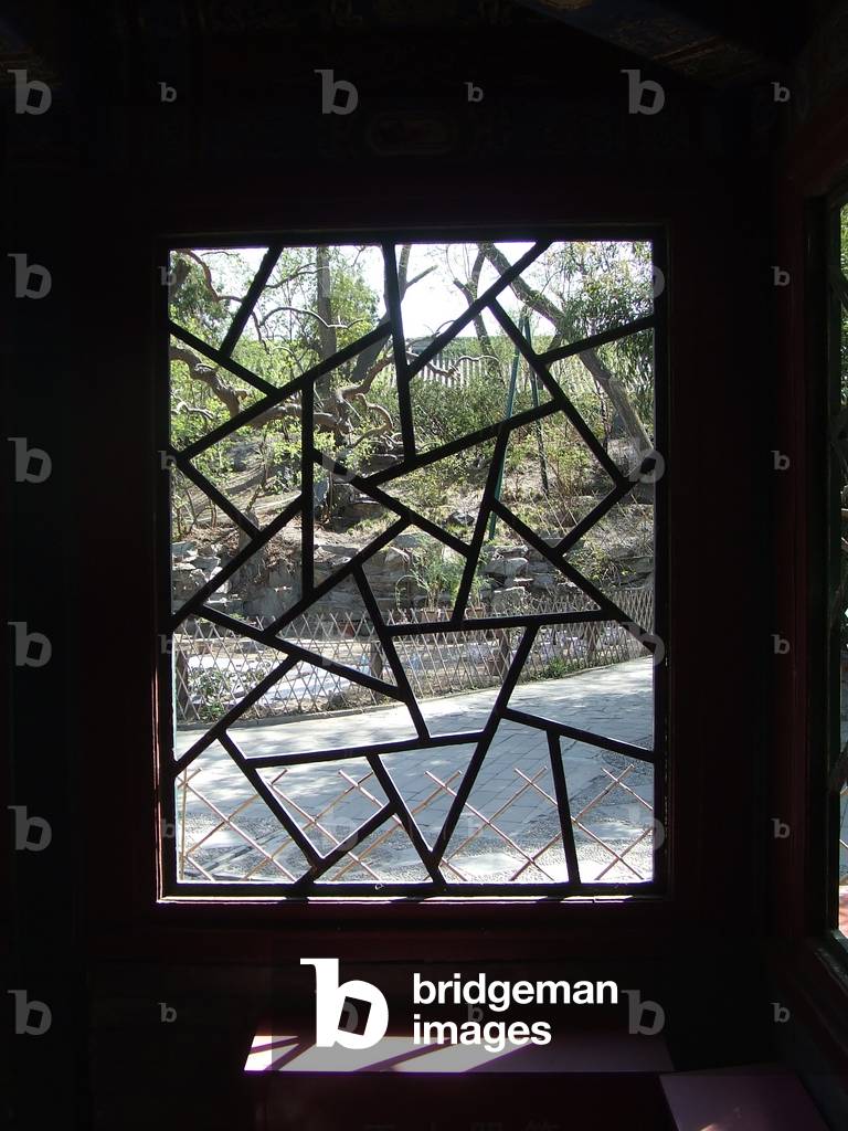 Garden pavilion window frame inside Prince Gong Mansion, Beijing, China (photo)