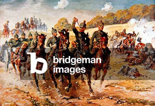 German field artillery gallop into action under fire, 1914 (colour litho)