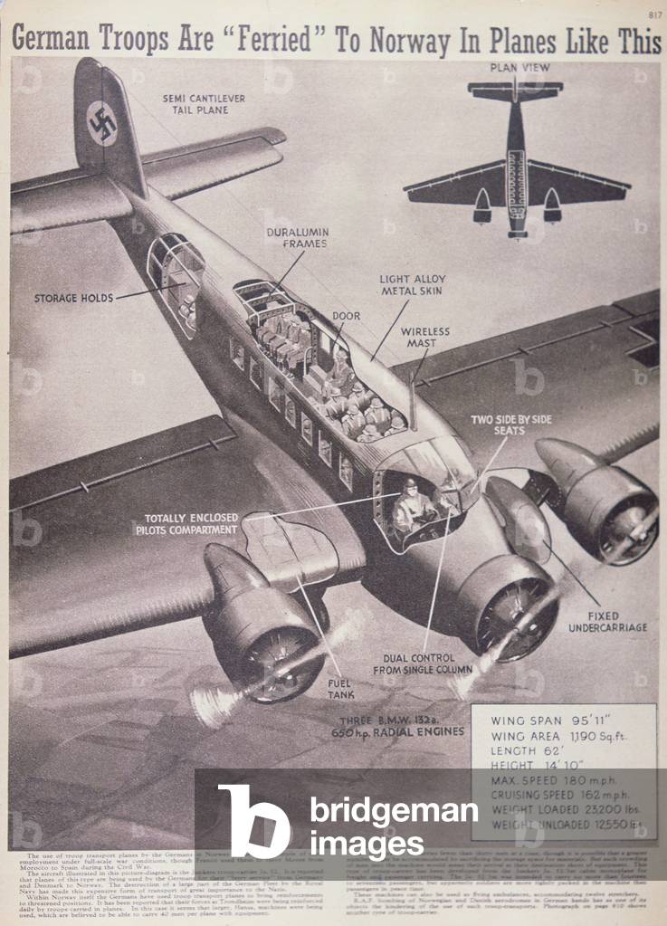 'German troops are ferried to Norway in planes like this', illustration from The War Weekly, 14th March, 1941 (litho)