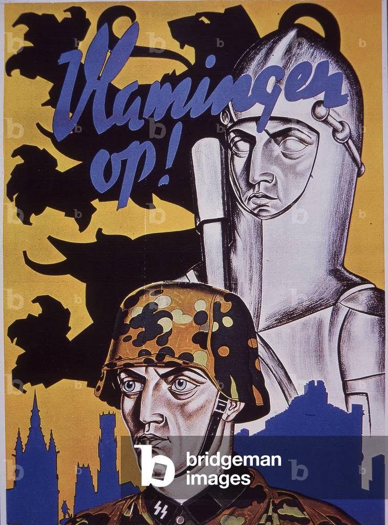 WW2 Belgian recruitment poster for German Army, showing Waffen-SS soldier wearing camouflage helmet cover (colour litho)