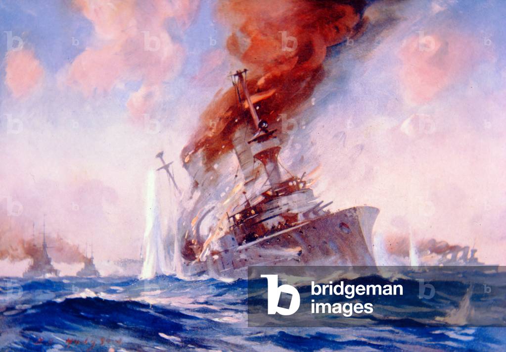 Battle of the Falklands: Sinking of the Scharnhorst, 1914 (colour litho)