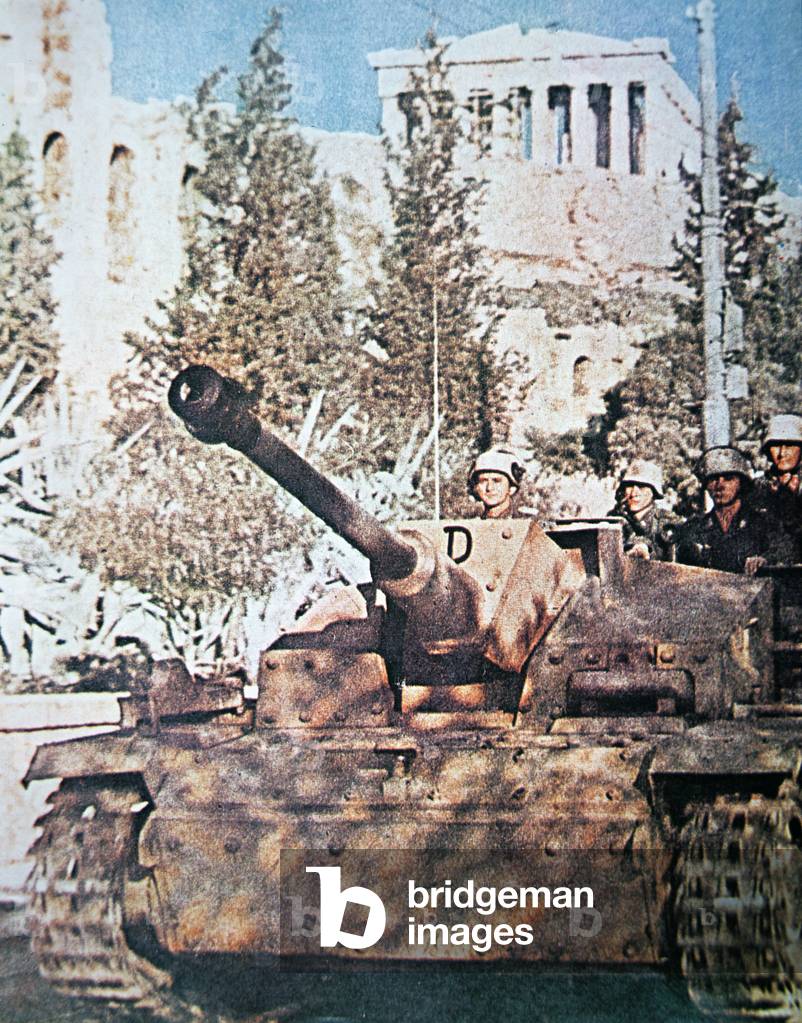 German StuG-III self-propelled 75mm gun passe the Acropolis in Athens, Greece, 1941 (photo)