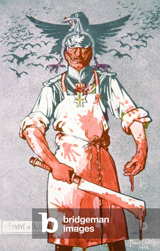 The German Kaiser depicted as the blood-covered 'Envoy of God', French postcard, 1915 (colour litho)