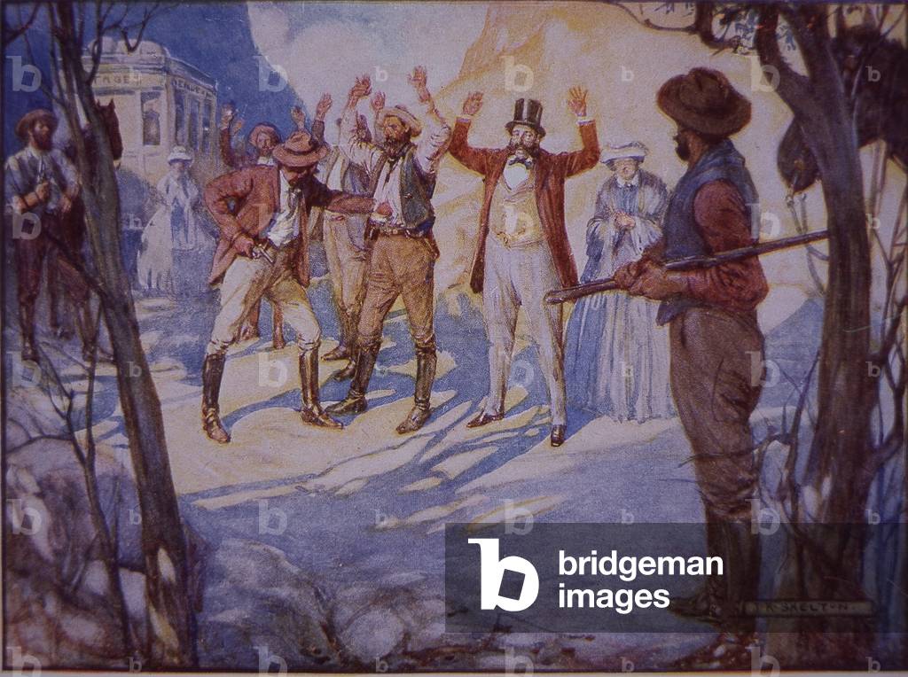 Bushrangers, Australian outlaws, holding up a stagecoach in 1880s (colour litho)