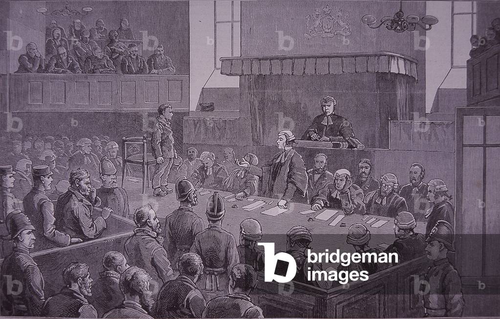 Victorian court scene with lawyer cross-examining a child (wood engraving)