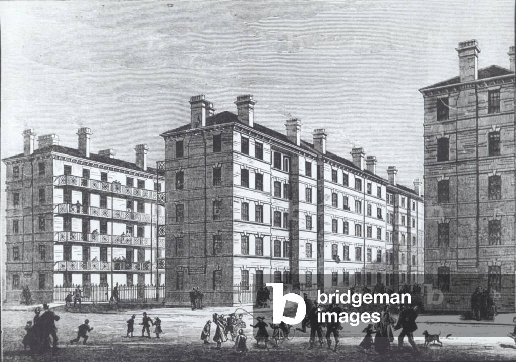 Peabody dwellings for poor working class families, c.1875 (engraving)