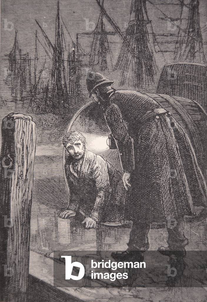 London policeman on patrol in the docks finds homeless man living in empty barrel, 1885 (engraving)