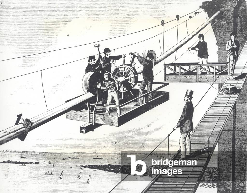 Brooklyn Bridge under construction in 1876, braiding the suspension cables (engraving)