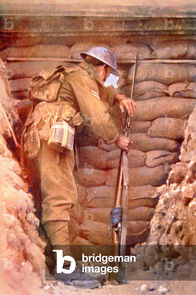 British soldier on observation duty on the Western Front (colour litho)