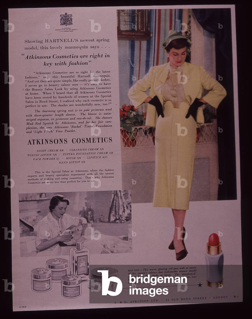 Atkinsons Cosmetics advert featuring Norman Hartnell outfit, 1952 (colour litho)