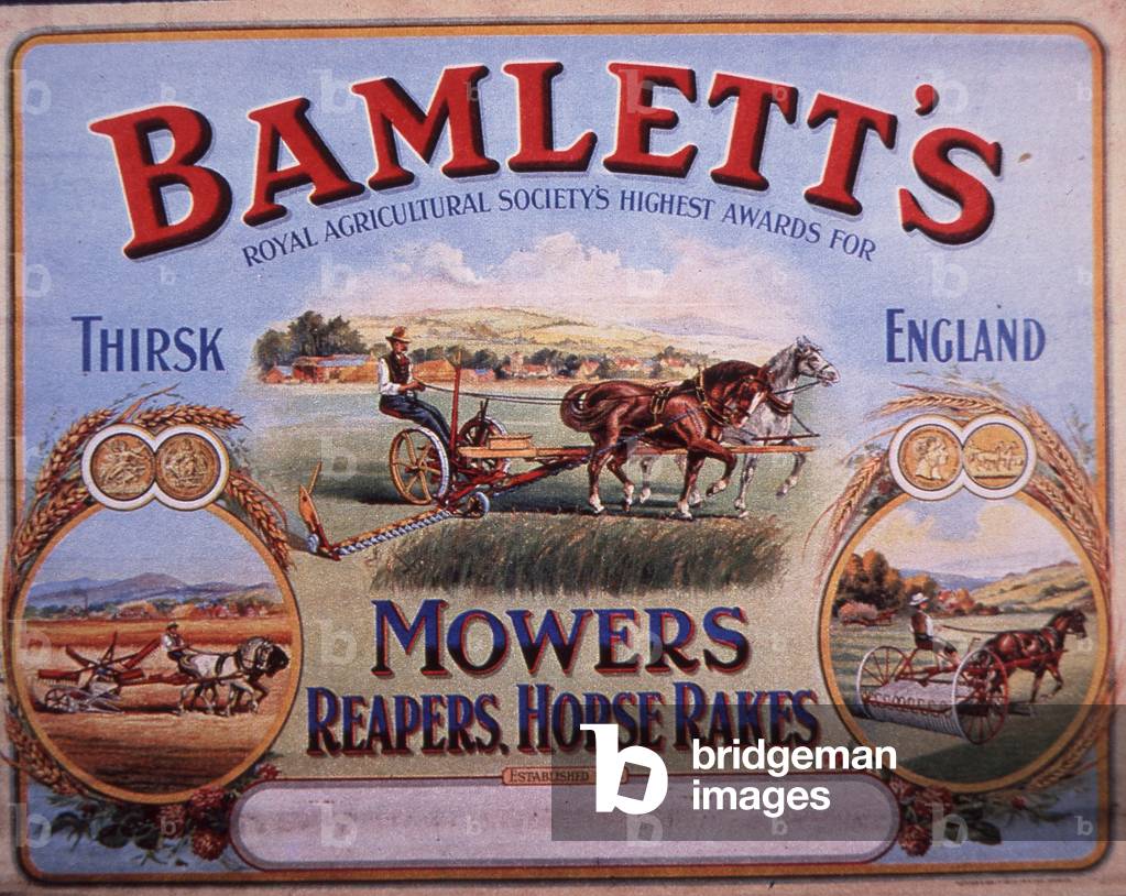 Farming advert showing mowers and reapers, 1890 (colour litho)