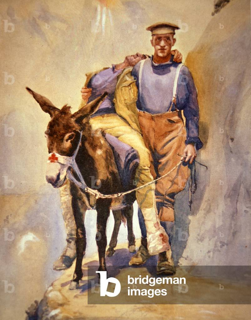 John Simpson Kirkpatrick of the 3rd Australian Field Ambulance who with his donkey rescued wounded soldiers at Gallipoli in 1915, 1915-16 (colour litho)