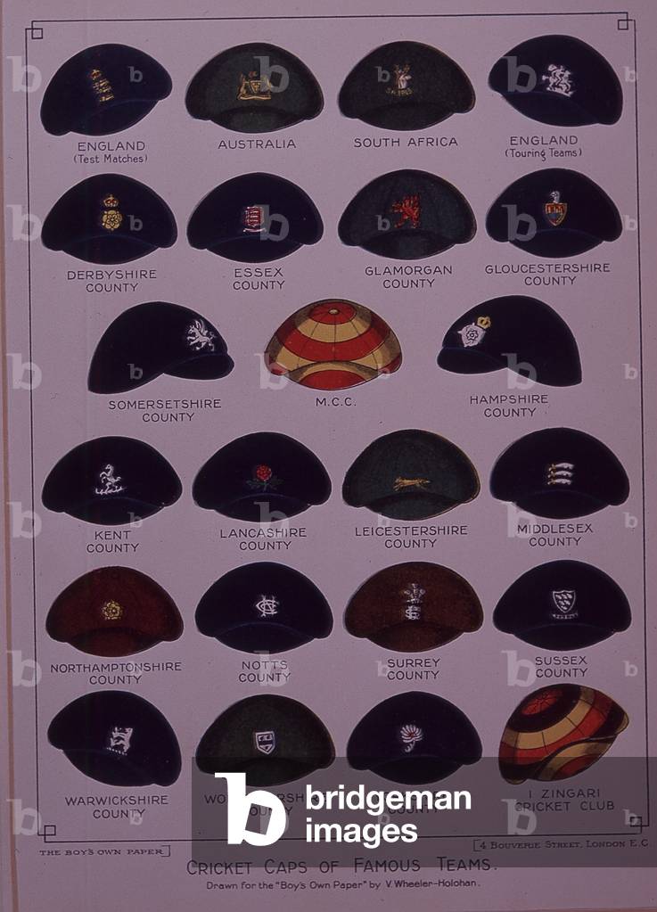 Crickand caps of famous teams including Australia and South Africa (colour litho)