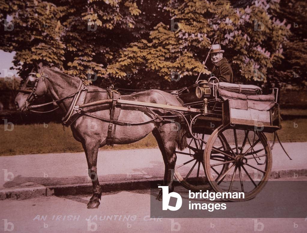 An Irish Jaunting Car, c.1910 (hand-coloured b/w photo)