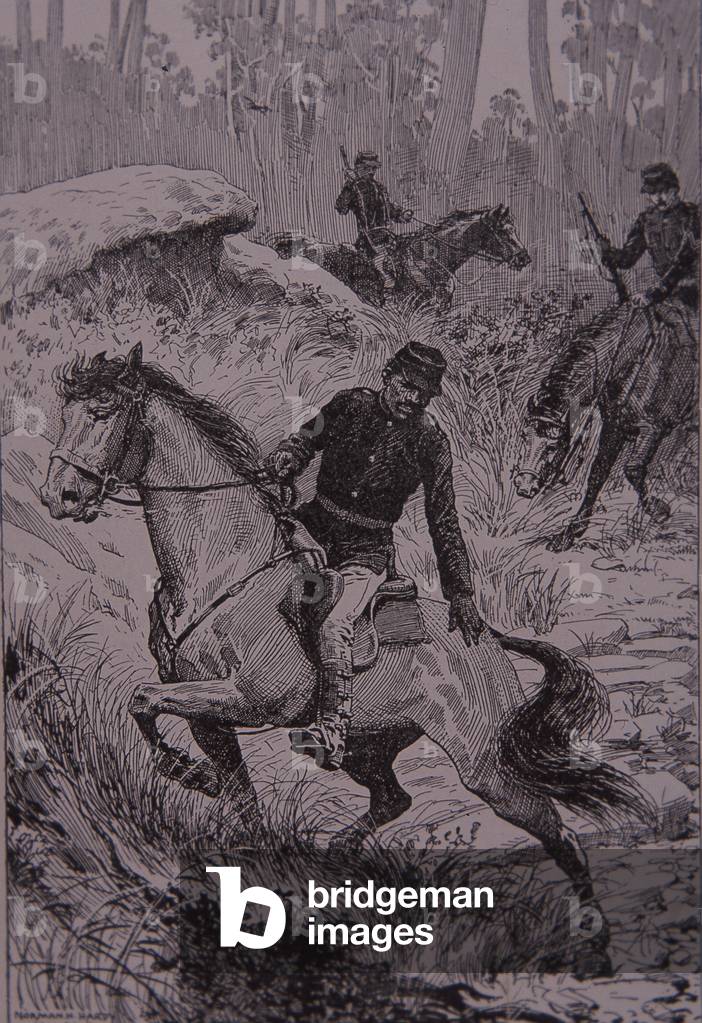 Black Trackers pursuing bushrangers in Australia (engraving)