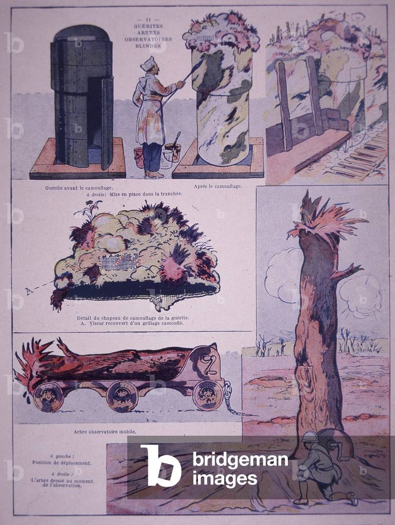 Illustration from 'Le Guerre et les Artistes' showing how steel observation posts can be camouflaged on the battlefield, published c.1920 (colour litho)