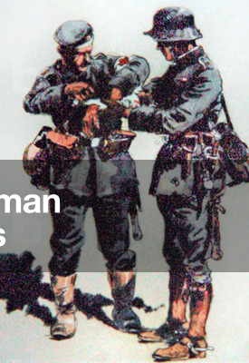 First aid orderly treats a wounded officer on the Western Front, 1918 (colour litho) 