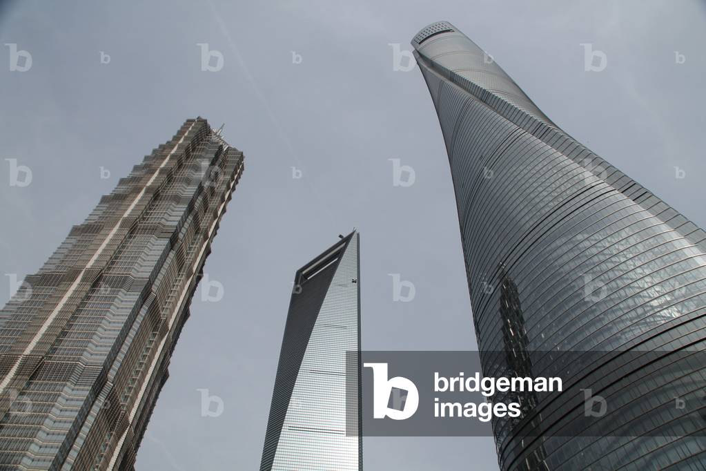 View of Pudong financial district, featuring three tallest buildings in Shanghai (left to right) Jin Mao Tower, Shanghai World Financial Center, and Shanghai Tower, Shanghai, China (photo)