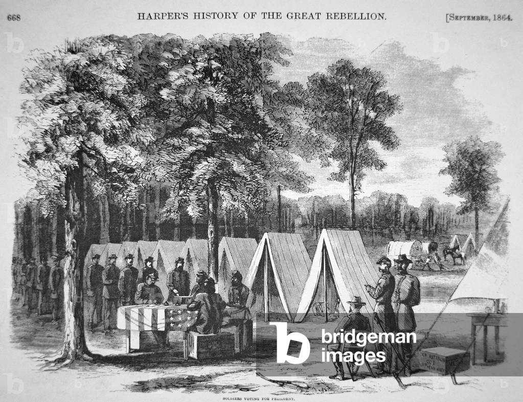 Pennsylvania soldiers voting at the Army of the James headquarters in September 1864, from 'Harper's Weekly', 29th October 1864 (engraving)