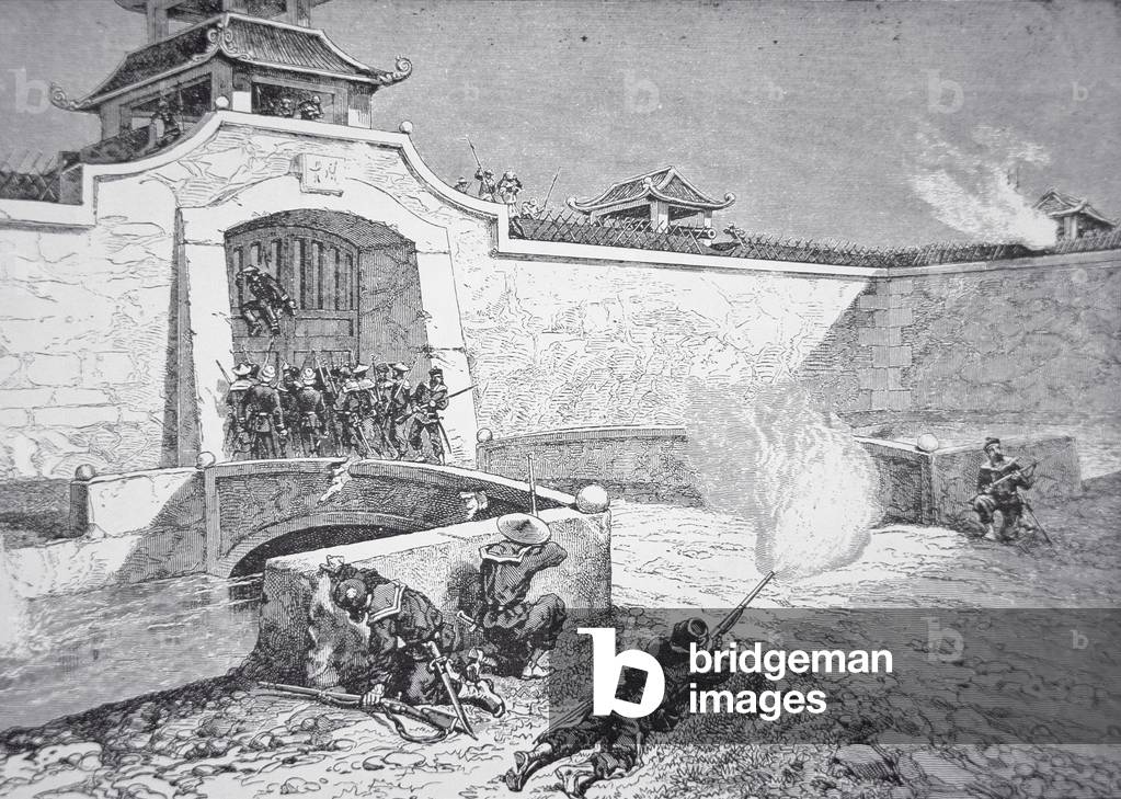 An Imperial Chinese force, led by American General Ward and assisted by Anglo-French troops, stormed the walled city of Kintang, near Shanghai in 1862 during the Taiping Rebellion (litho)